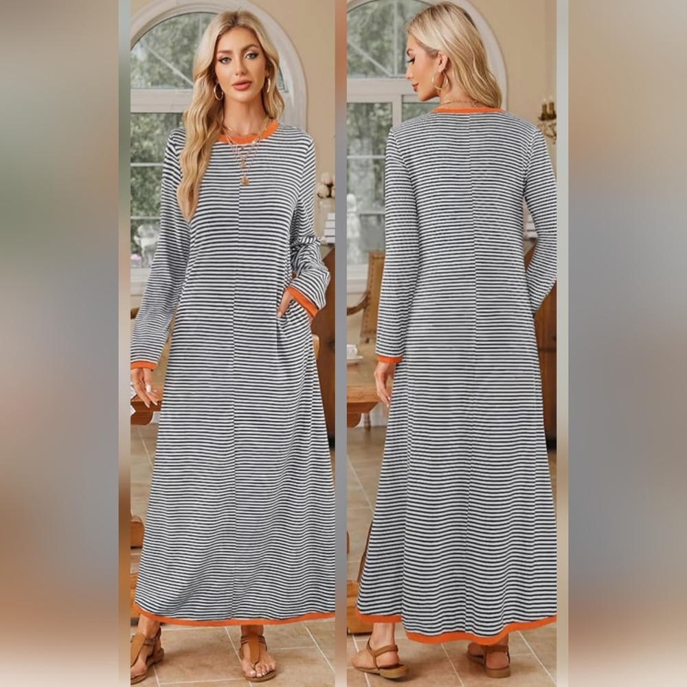 MEROKEETY Striped Black and White Maxi Dress with Orange Accents